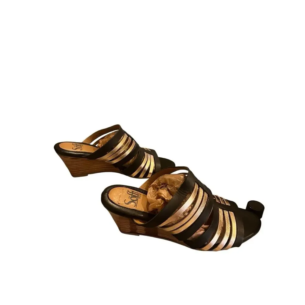 Sofft Leather Slip On Wedge Heels Party Shoes Black / Gold Women’s Size 6.5M